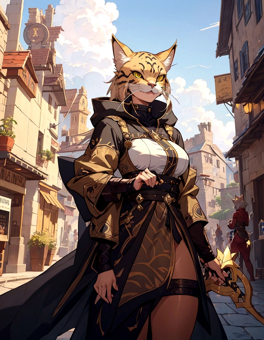 a cat with a scyther and a sword in a street, anthro cat, an anthro cat, roleplaying game art, anthropomorphic female cat, tabaxi monk, tabaxi :: rogue, rpg character art, cattie - brie of mithril hall, tabaxi, rpg book portrait, fantasy character art, by Cynthia Sheppard