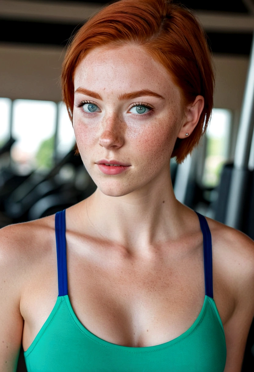 Woman 20 Years Old Nordic Ethnicity, Short red hair with a perfect face and light freckles, Blue-Green Eyes Wearing Thin Strap Bra and Sexy Short Tight Gym Shorts