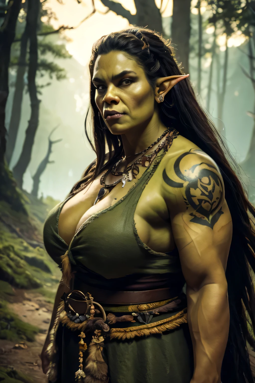 Young orc woman, big fangs, female orc, (green skin) , peaceful expression, dirty clothes and hair, wool and fur clothes, (wearing dirty linen dress), bone jewelry, forest background, natural lighting, tribal tattoos, muscular, big body, highly detailed, 4k, photorealistic, dramatic lighting, cinematic, fantasy art, ultra high quality, sharp Focus, orczor