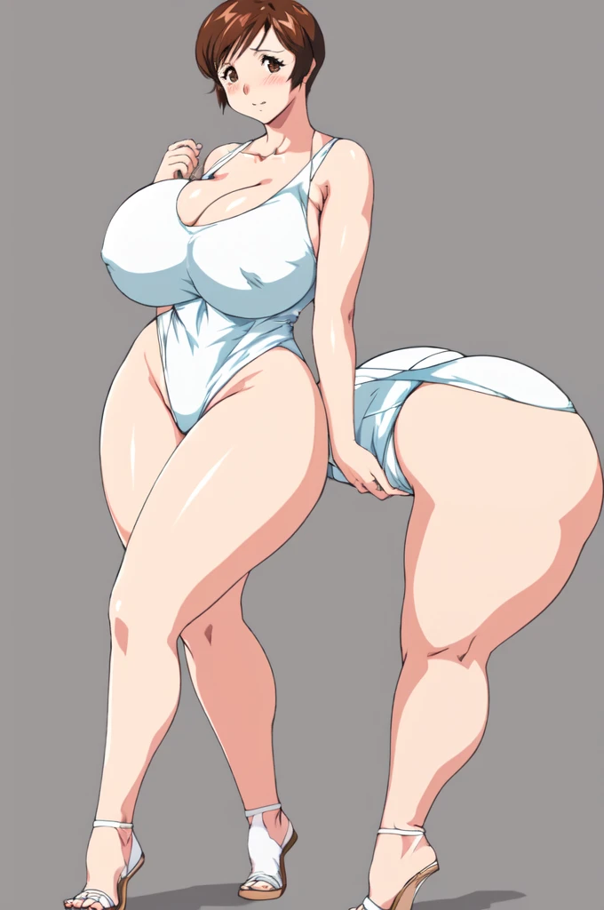 masterpiece, highest quality, High resolution, One girl, solo, sexual intercourse, Pornographic images, short hair, etsukoto, brown Eyes, fine grain, fine grain, (((Thick thighs, Plump thighs, Voluptuous thighs, Thighs alone are enough))), Huge and ample breasts, Cleavage, big long breasts, Naughty big,((big breasts are important))、((Naughty thighs)), L Cup, (thin:1.4),(Tight waist:1.4), (white swimsuit:1.4), Embarrassed look, blush, (((Simple Background))), ((Wide Hips)), Shiny, Oily skin, Mature mother, Calf, Seductive mature woman, milf, Perfect body, Plus Size Model, curvy, ample, etsukoto, blush, clavicle, retro artstyle, 1990s (style), (thick thighs:1.4), ((undersized swimsuit)), (((ass focus, showing hip))), (from side:0.7), bent over,