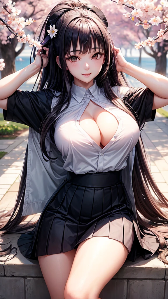 Masterpiece, realistic face, Hinata hyuga, posing, white eyes, big breasts, 4khd, black skirt, beautiful smile half moon eyes, A white blouse, with a background of sakura trees with sun lighting on their back,