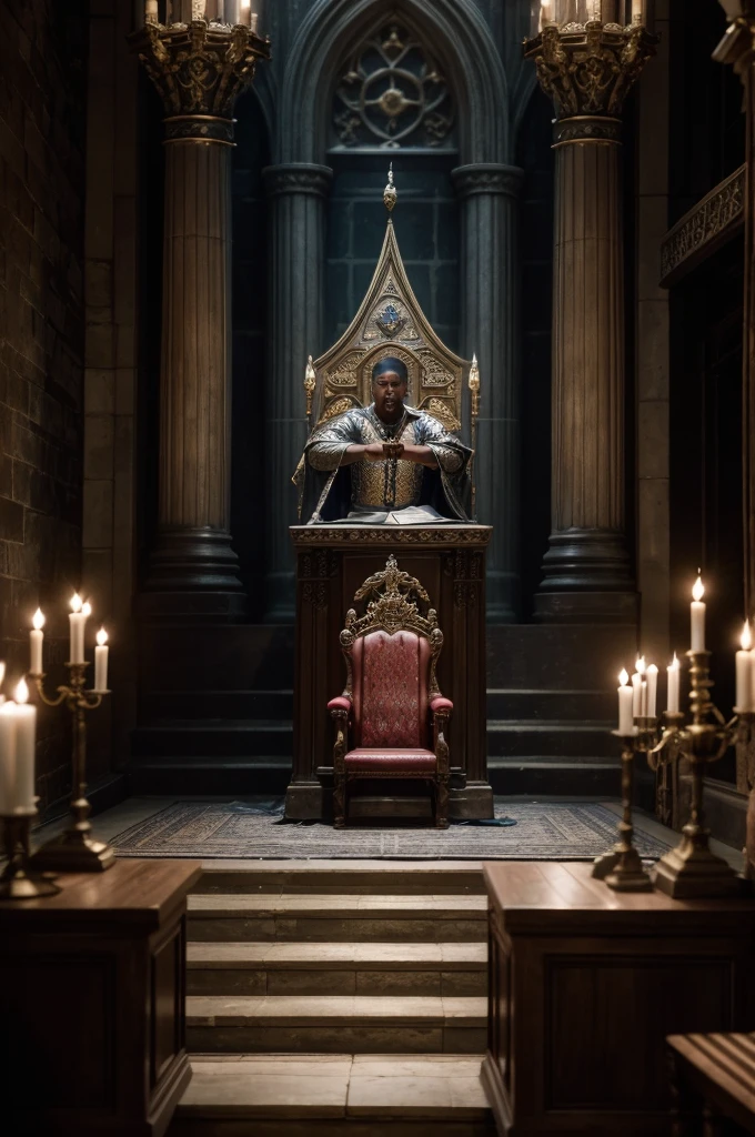 the scene is a medieval throne hall, where sitting at the throne are a medieval knight that looks like idris elba. there is a crowd arround watching a bard performing a song for the medieval knight. this bard looks like eminem. a bard is performing to the medieval knight.