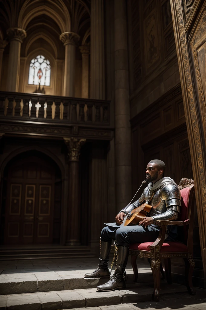 the scene is a medieval throne hall, where sitting at the throne are a medieval knight that looks like idris elba. there is a crowd arround watching a bard performing a song for the medieval knight. this bard looks like eminem. a bard is performing to the medieval knight.