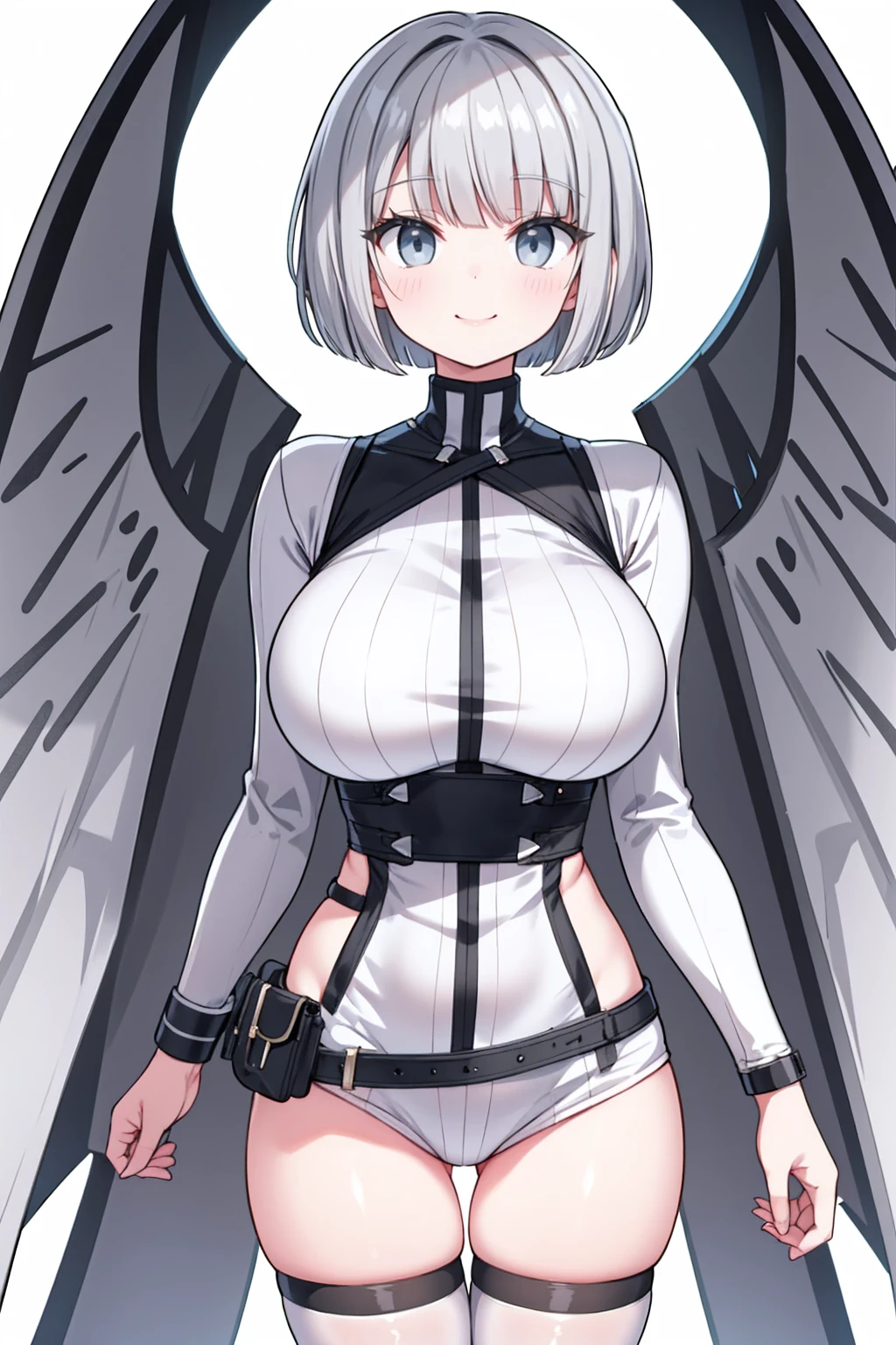 whole body,Standing posture, (Gray Hair,Bobcut,) (Super big breasts,,), (beautifully drawn face:1.2) (Straightjacket) A determined smile,(White background) 