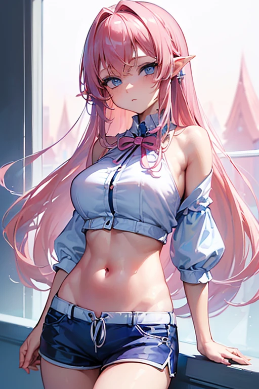 absurdist、ultra hyper-detailed、巨作、最好质量、break、Official art、(Beautifully Aesthetic:1.2)、(watercolor drawings:Curly)。Pink hair。length hair。pleated skirt。Camisole。耳环。e7 Tenebria, Pink hair, two long thin braids, lender body, thin, cheeky face, Small breasts,Blue eyes, Black pants, white short blouse, showing belly, flat abdomen、Devilish Beautiful Girl、a beautifulchi girl、((ep7 denebrea))(kawaii:⒈3)、aged 16、break、colourful hair、Splash、(フラクタルアート1.3)、break、Cat's ears、A sexy、break、humanoide、break、white bikini、break、Random eye color:1.5、break、From Side、watch audience、break、Plush bets、break、shyness、tension、blush on、break、Showa gravure、th all of fours、from behind and be、break