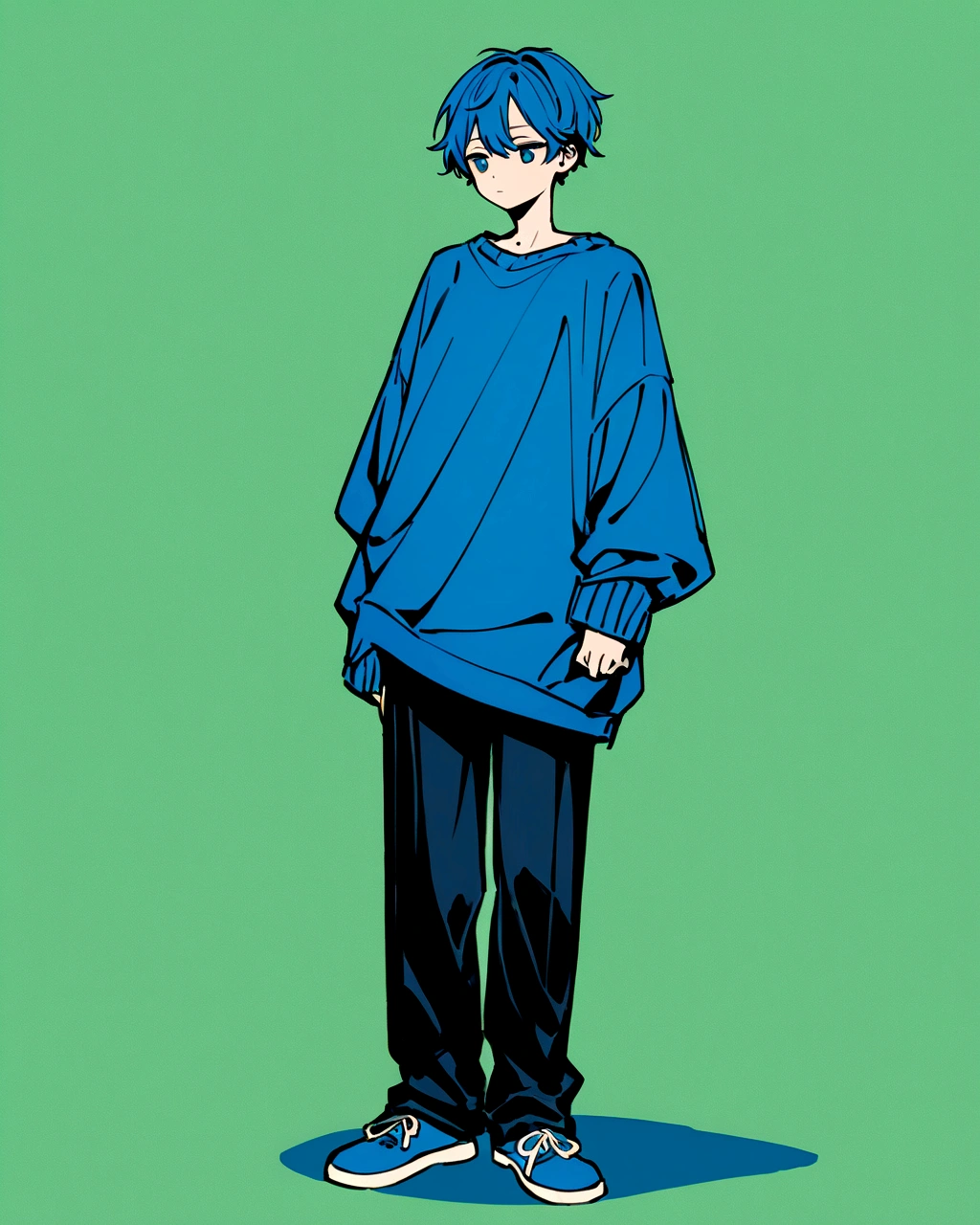 Create an illustration of a solo boy's character standing in a relaxed pose against a solid green background. The character should wear oversized clothes: a blue sweater paired with black pants. They should have blue shoes, and their expression should convey a sense of calm or contentment.