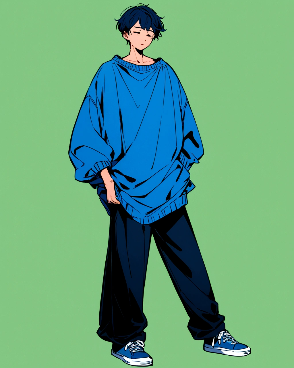 Create an illustration of a solo boy's character standing in a relaxed pose against a solid green background. The character should wear oversized clothes: a blue sweater paired with black pants. They should have blue shoes, and their expression should convey a sense of calm or contentment.