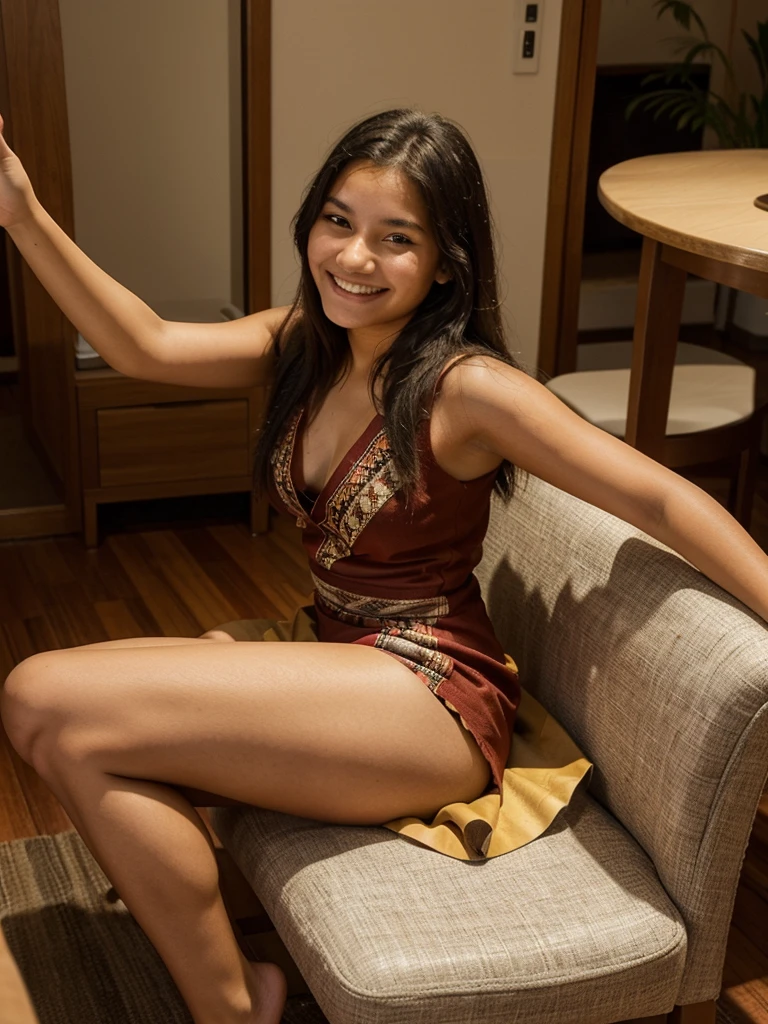 18 year old indigenous girl, smiling,sittin on sofa,  wearing a sensual, sexy top corset with side flaps
