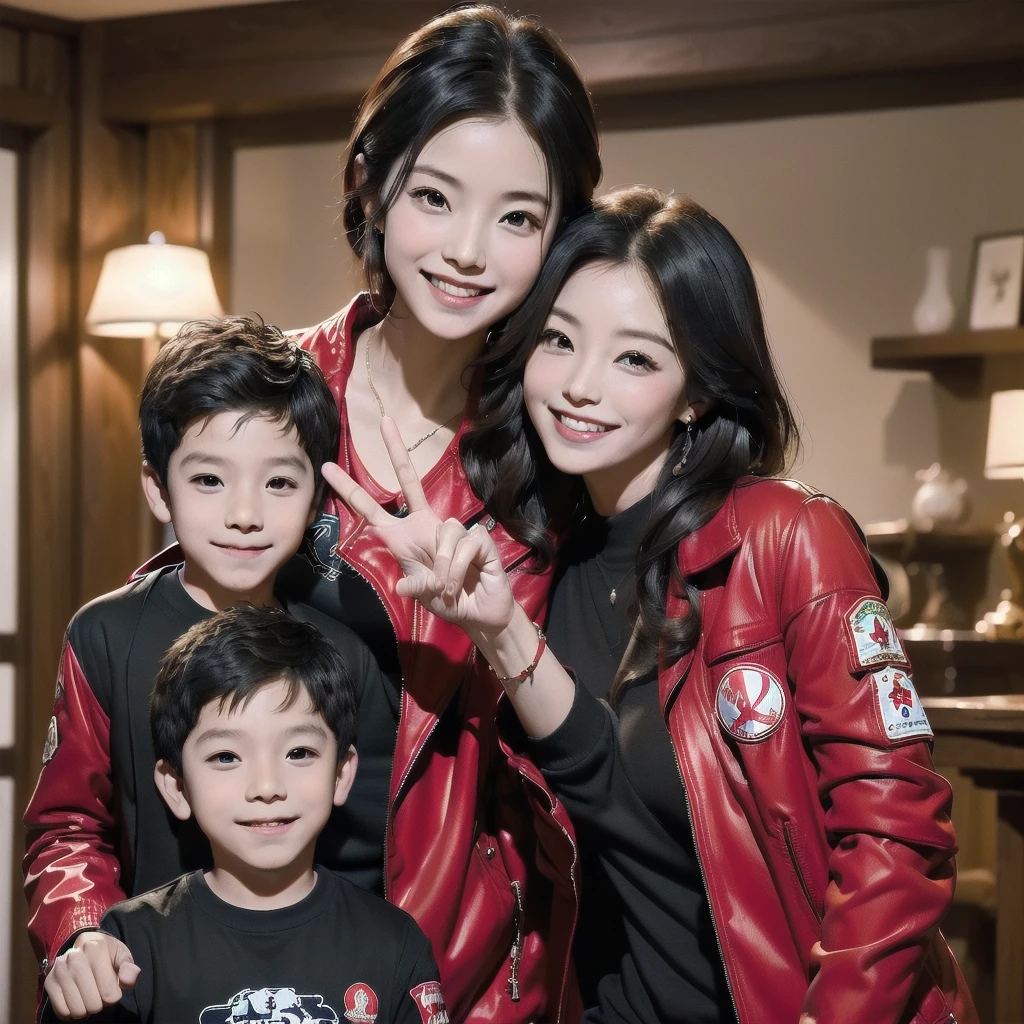 Highest quality,masterpiece,Ultra-high resolution,Perfect Anatomy,(truth:1.4),RAW Photos,smile,Children of short-haired boys,Woman with long hair and 2 year old boy with short hair,a woman and small boy, Mom and short-haired son,Gorgeous Mother And Smiley Boy,(Big tree々Parks and)(((Big treeの後ろに隠れている母)))、(hide and seek)Cowboy Shot,Cinema Lighting,Fashion model parents,Adorable,, (Browsing Caution:1.2)、(Black-haired baby looking for his mother)、(Long-haired mom and short-haired son)、(A mother in a red jacket and her son in a black jacket)、 A confident smile, When talking on the phone、Making a gesture commonly associated with the peace sign