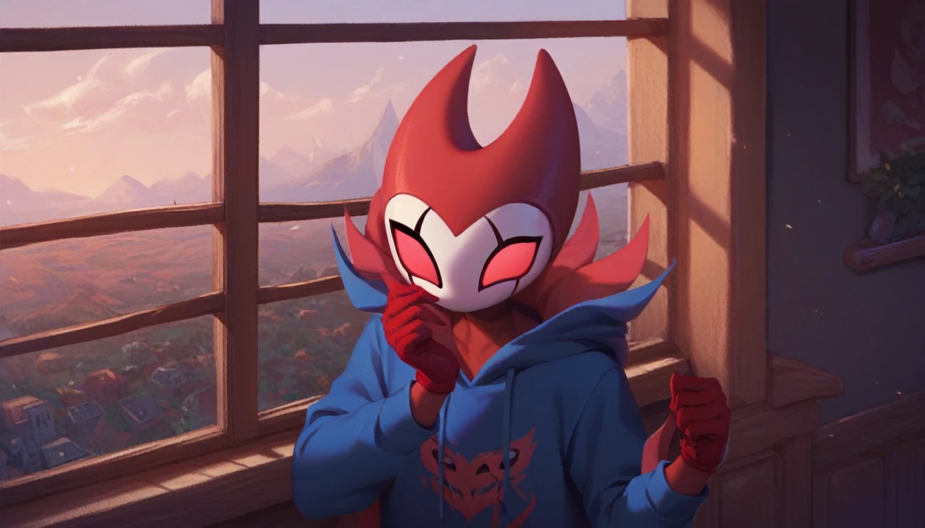 score_9, score_8_up, score_7_up, score_6_up, zPDXL2, grimm \(hollow knight\), vampire, bat, 1boy, solo, cute face, detailed eyes, anthro, blue large hoodie, red sports gloves, sneakers, near the window, landscape, looking to the side, upper body
