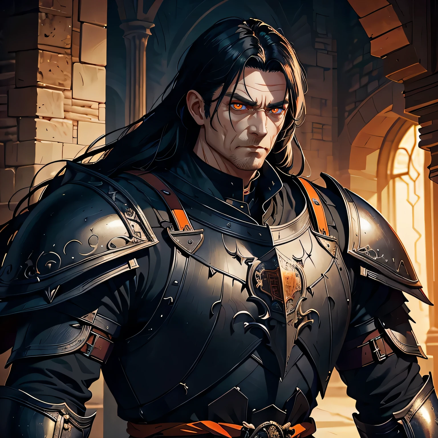 a noble old man, Black hair, detailed bright Orange eyes, beautiful facial features, intricate armor, medieval castle, dramatic lighting, cinematic composition, digital art, fantasy, highly detailed, 4k, photorealistic, masterpiece muscular, knight