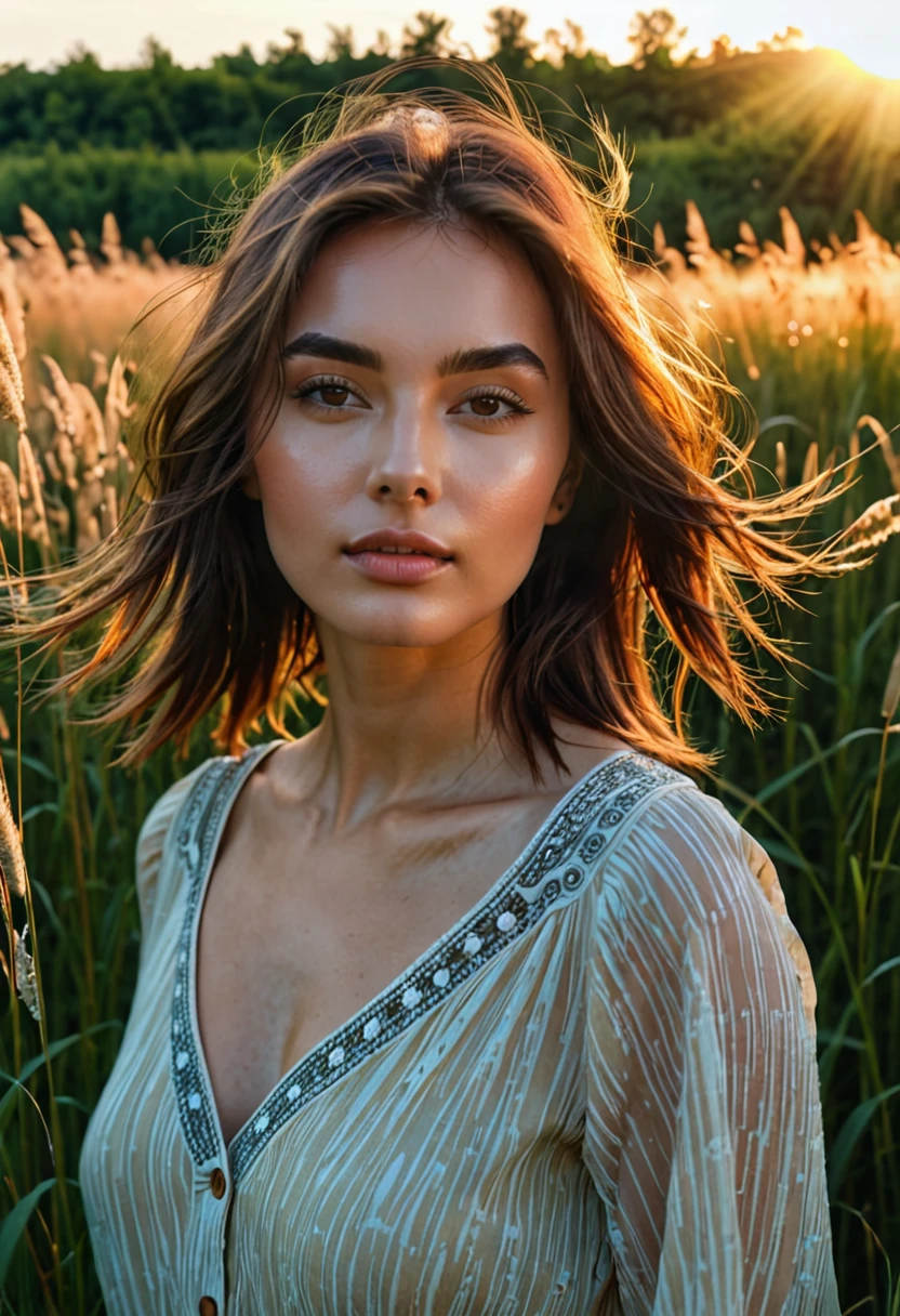a woman standing in a field of tall grass with the sun setting, gorgeous woman, cinematic beautiful natural skin, attractive woman, attractive girl, photo of a beautiful woman, gorgeous attractive face, extremely beautiful face, in a field, beautiful female model, portrait of a beautiful model, soft portrait shot 8 k, beautiful delicate face, a beautiful young woman, attractive beautiful face
