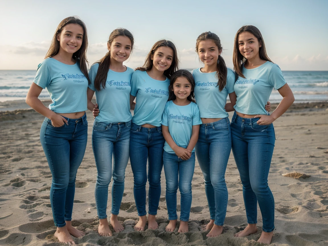 A group of five italian Little girls, different colour Shirt, 10 years old, beach, wearing light Blue tight jeans, standing, Sandy feet, Smile, looking camera, full body