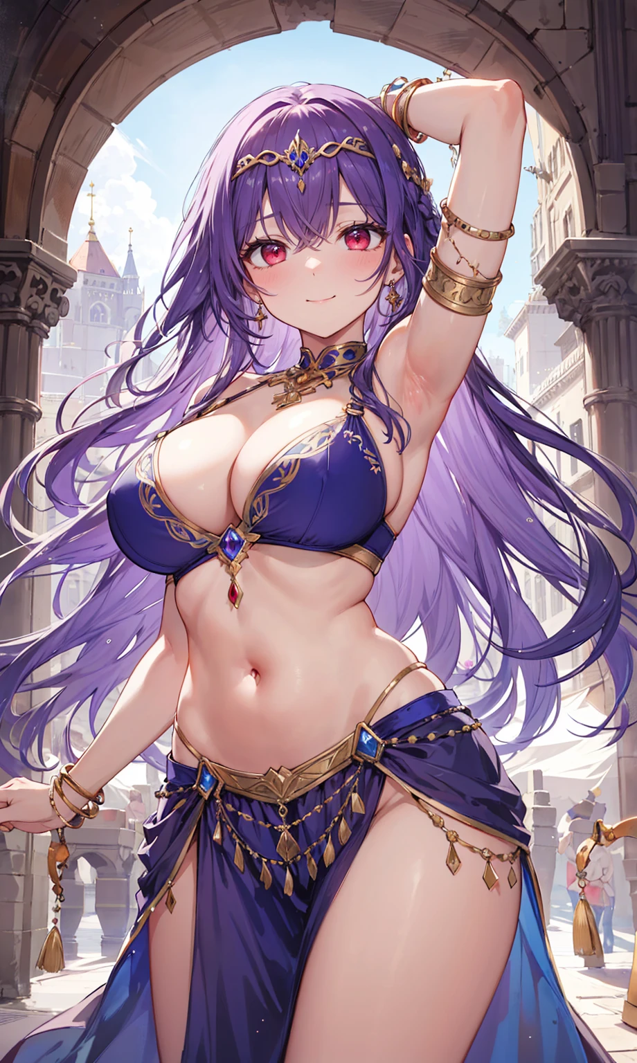 high quality, ultra detailed, best quality, insanely detailed, beautiful, masterpiece, 1girl, medieval plaza, cowboy shot, red eyes, long hair, purple hair, belly dancer, circlet, earrings, armlets, bracelets, bashful smile, large breasts, cleavage, soft stomach