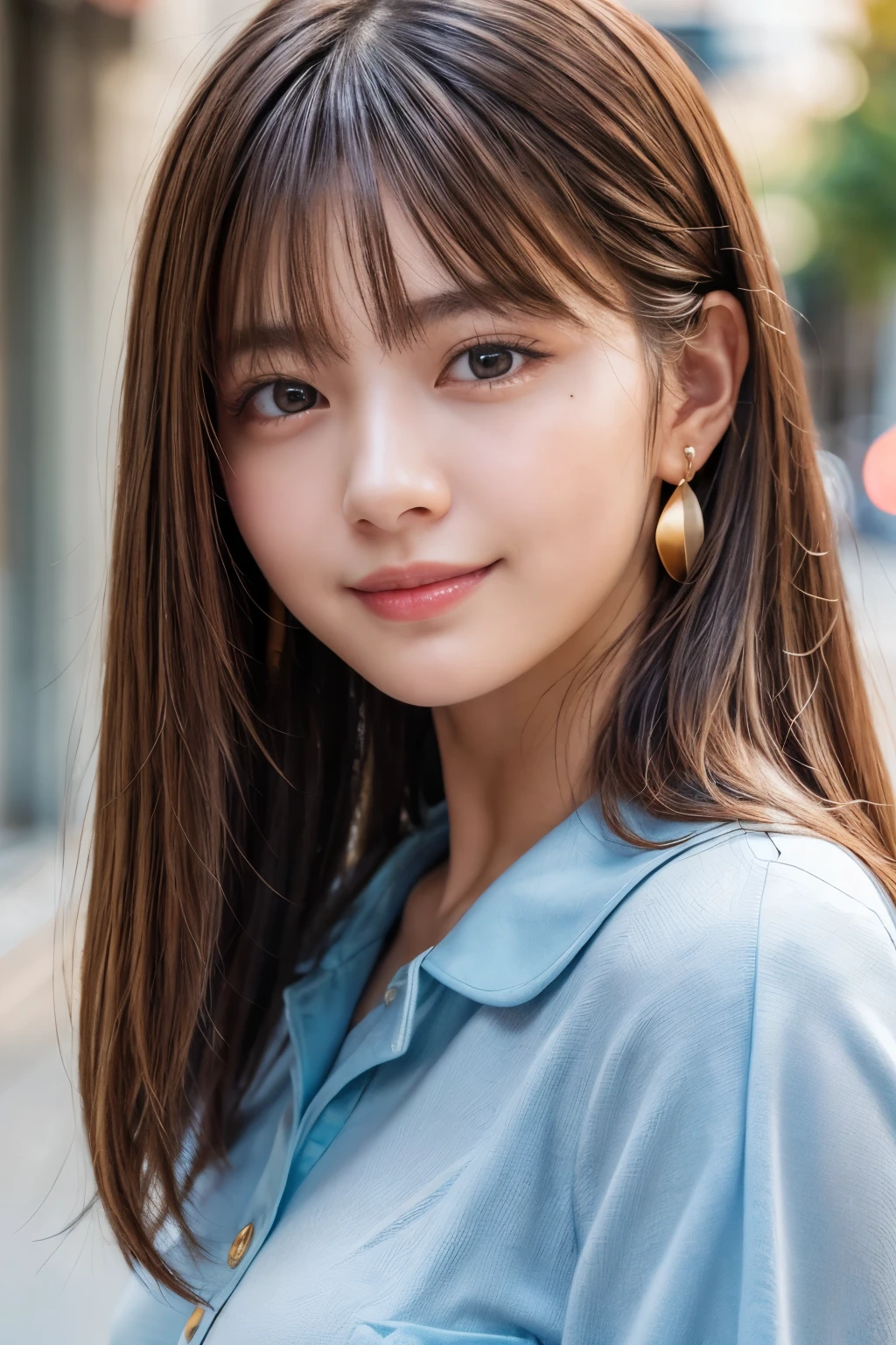 Upper Body、Beauty、Well-formed face、20-year-old、Uniform eyes、Small face、, light brown hair, hair over shoulder, parted bangs, straight hair, expressive hair, shiny hair, earrings, seductive smile, Surrealism, cinematic lighting, first-person view, pov, f/1.2, Nikon, UHD, textured skin, best quality, highres, 8k