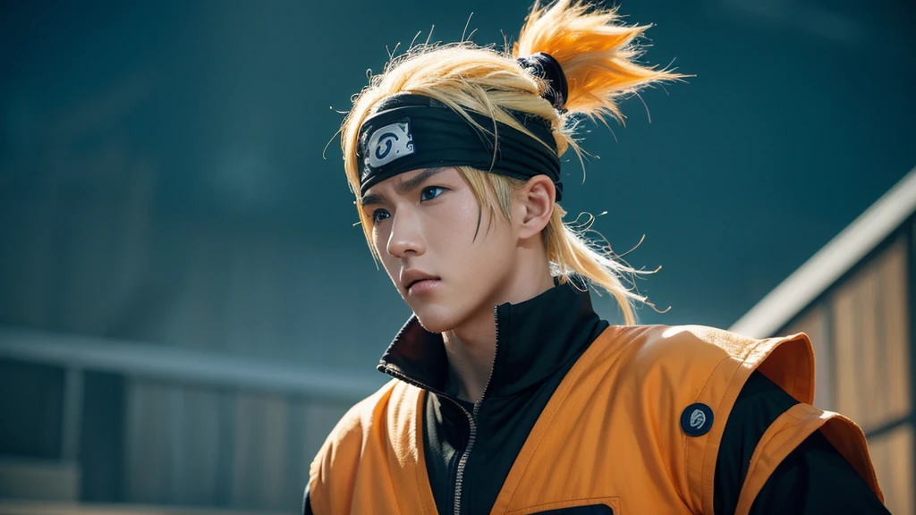 "Create a highly detailed and realistic image of Naruto Uzumaki from the anime series Naruto. He should be depicted as a real human, maintaining his signature spiky blond hair, blue eyes, and whisker-like marks on his cheeks. Naruto should be wearing his iconic orange and black ninja outfit with the Hidden Leaf Village headband. The background should be a realistic setting, perhaps a modern-day city or a traditional Japanese village, with appropriate lighting and shadows to enhance the realism. The overall mood should capture Naruto's determined and spirited personality."

