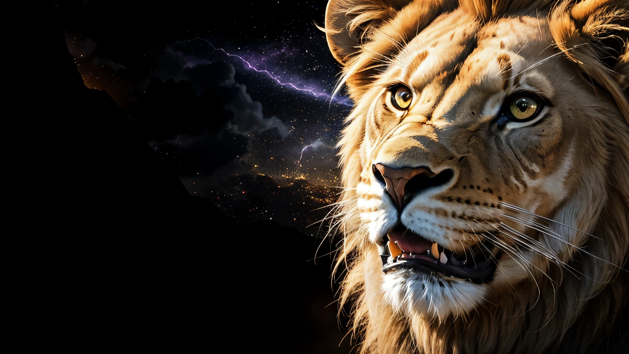 Lion, Divine Lion, naturals, naturals, ferocious, masculine, mighty, golden lion, Powerful Lion, Beautiful nature, Great Realistic Lion, FullHD 8K, Sky ligh, Sunset Night, Ligh Sky Sun, Balck Golden, black andwhite, black and gold, detailed realistic face, 8K Detailed Realistic White Lion, Ultrarealistic 8k |Energia de thunder realista detalhada, Strong Creature realista detalhada, Strong Creature, Lion macho, Rendering, Fotorrealista 8K, UltraHD Alta definição 8K, Detailed Realistic 16K, Nitidez Fotorrealista 8K, 16K photorealistic textures, Contraste Fotorrealista 8K, Sombras Fotorrealistas 8K, Luzes Fotorrealistas 8K, Detailed realistic sunset, Detailed Realistic Lion Face, Detailed realistic light, detailed textures, thunder, detailed shadows, detailed colors, Celestial Electricity, Golden thunder, Lion realista, Ultra Realistic 16K, Realistic 16K, Realistic 16K sharpness, 16K photorealistic textures, 16K realistic colors, powerful creature, Majestic power, Power of Heaven, Great Divine, detailed contrast, realistic contrast, high resolution, detailed colors, fire, villany, divine creature, 8K, realistic detailed, 16K, 8K, High definition, detailed contrast, realistic contrast, high resolution, detailed colors, fire, villany, divine creature, realistic detailed, posh, chic