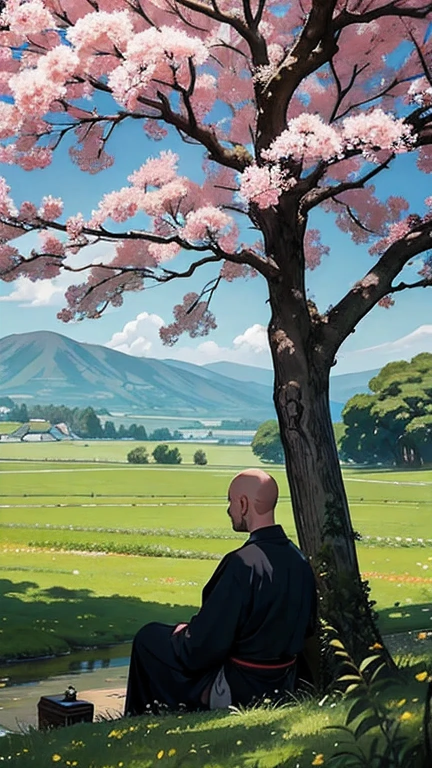 a bald man sitting beneath a large tree, near a meadow, beautiful view, scenic, japanese painting style