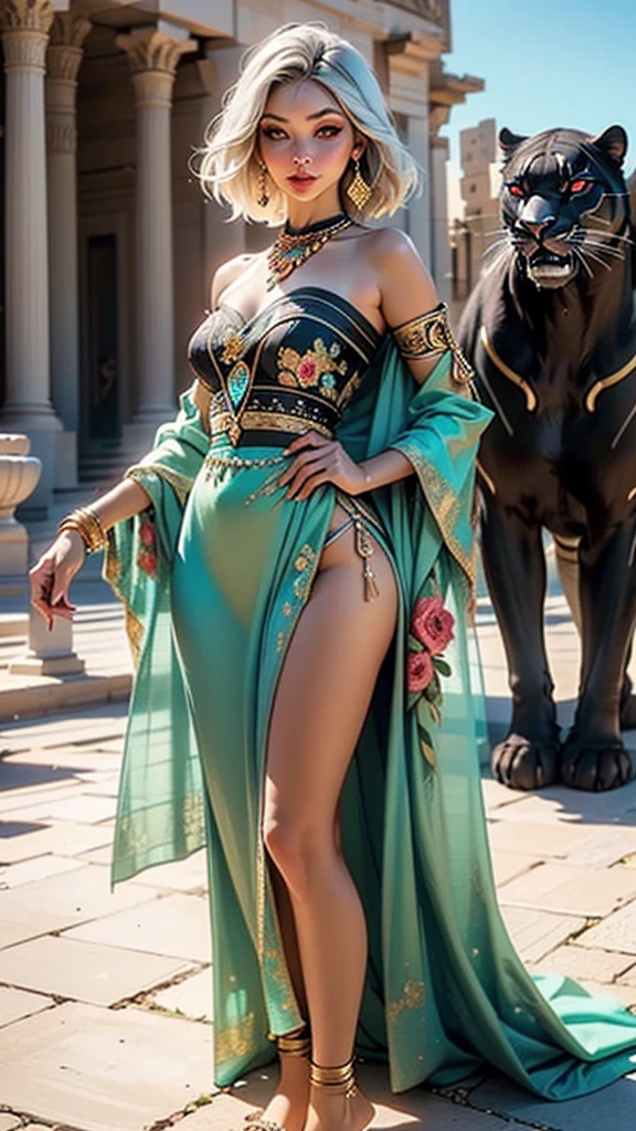 goddess panther woman from ancient Egypt,female,((milf,mom,mature,mature woman,45 years old female,adult)),

(((panther woman,anthro furry cute,panther female warrior,panther-girl,tail,panther tail,panther ears,thin panther tail))),(large breasts:1.4,saggy breasts),((white hair:1.4,straight white hair,long white hair:1.4,colored inner hair)),(((red_eyes:1.3))),intricate eyes,beautiful detailed eyes,symmetrical eyes,(((lustrous skin:1.5,tanned skin,bright skin: 1.5,skin tanned,shiny skin,very shiny skin,shiny body))),(spider lower abdomen,narrow waist,wide hip,athletic body,inflated legs,thick thighs),(((detailed face))),beautiful detailed lips,

slutty,sensual,seductive look,seductive,((erotic)),opulent,sumptuous,(((nsfw))),

revealing clothing,show skin,cleavage,(barefoot,),queen,goddess,fantasy,(beautiful aqua clothes,aqua silk,strapless dress,aqua dress,aqua clothes,very short dress skirt),(eyeshadow,egyptian makeup,eyelid makeup,red lips,red lipstick),((bone jewelry,bone earrings,intricate bone necklace)),(((aqua theme clothes,Transparent dress:1.5,wet clothes,intricate outfit,embroidered outfit,ornate outfit,intricate clothes,embroidered clothes,ornate clothes))),

dynamic and seductive pose,looking at viewer,(angry),centered,scale to fit dimensions,Rule of thirds,

outdoors,(oasis,oasis background),extremely scenery,clouds,Egyptian style,lily pads,palms,reeds,(sunset, golden hour),scenery:1.25,((intricate scenery)),((pillars background,underground palace,egyptian palace background,pyramids in the background))

(Glossy egyptian ornaments),highres,sharp focus,(ultra detailed,extremely detailed),(photorealistic artwork:1.37),(extremely detailed CG unity 8k wallpaper),(((vibrant colors,vibrant theme))),(intricate),(masterpiece),(best quality),artistic photography,(photography taken by sldr),(intricate background),perfect rendered face,perfect face details,realistic face,photo realistic,((intricate detail)),(((realism))),
