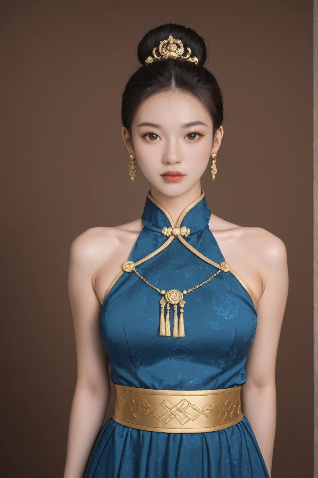 realistic,score_9, score_8_up, score_7_up, BREAK,
Hyperrealistic photograph,The image now captures a woman with a deep, dark complexion, striking a seductive pose in traditional Chinese attire. Her hair is styled in a classic bun, adorned with golden hair accessories and earrings. She wears a blue dress with intricate golden patterns, complemented by a yellow belt around her waist. The lighting is dim, suggesting an indoor setting, which adds a mysterious and intimate atmosphere to the scene. Her large, expressive eyes are captivating, and her pose exudes confidence and allure. The dim lighting accentuates her dark skin tone and the rich details of her traditional costume, creating a striking contrast with the blue and gold. The golden patterns on her dress could represent specific symbols or motifs related to her status or the event's theme. The yellow belt adds a touch of elegance and serves as a striking contrast to the blue and gold. Her confident gaze towards the camera conveys a sense of pride and a message she wishes to convey. The brown background serves to highlight the woman's figure and the rich details of her traditional costume, adding depth and texture to the image.