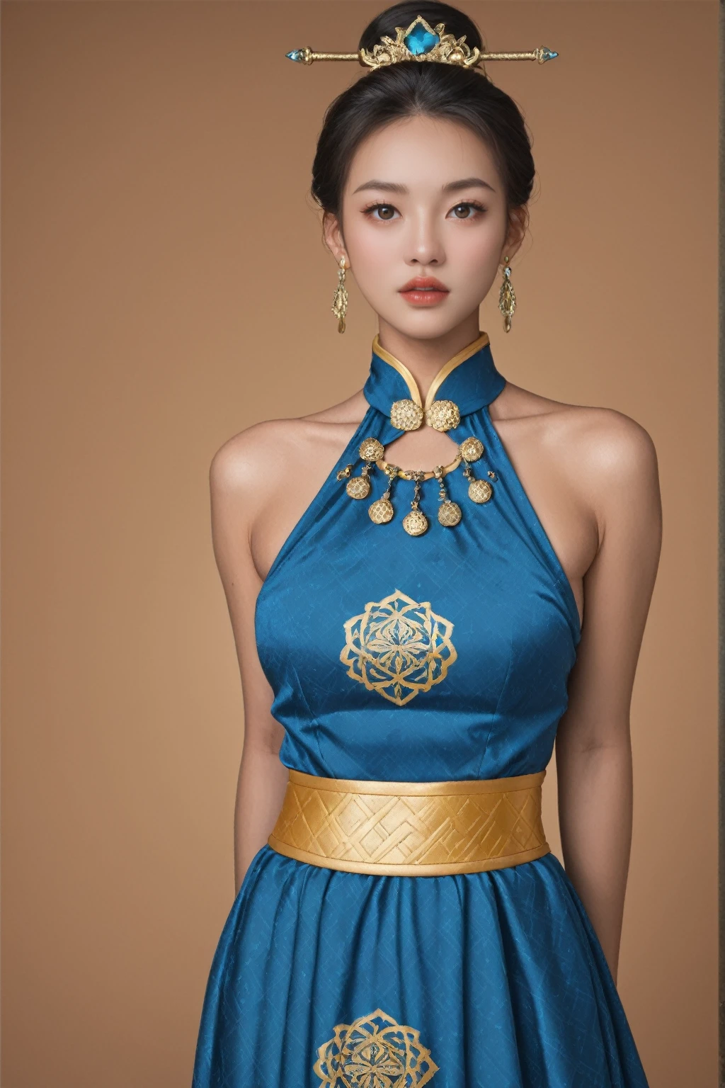 realistic,score_9, score_8_up, score_7_up, BREAK,
 Hyperrealistic photograph,The image now captures a woman with a deep, dark complexion, striking a seductive pose in traditional Chinese attire. Her hair is styled in a classic bun, adorned with golden hair accessories and earrings. She wears a blue dress with intricate golden patterns, complemented by a yellow belt around her waist. The lighting is dim, suggesting an indoor setting, which adds a mysterious and intimate atmosphere to the scene. Her large, expressive eyes are captivating, and her pose exudes confidence and allure. The dim lighting accentuates her dark skin tone and the rich details of her traditional costume, creating a striking contrast with the blue and gold. The golden patterns on her dress could represent specific symbols or motifs related to her status or the event's theme. The yellow belt adds a touch of elegance and serves as a striking contrast to the blue and gold. Her confident gaze towards the camera conveys a sense of pride and a message she wishes to convey. The brown background serves to highlight the woman's figure and the rich details of her traditional costume, adding depth and texture to the image.
