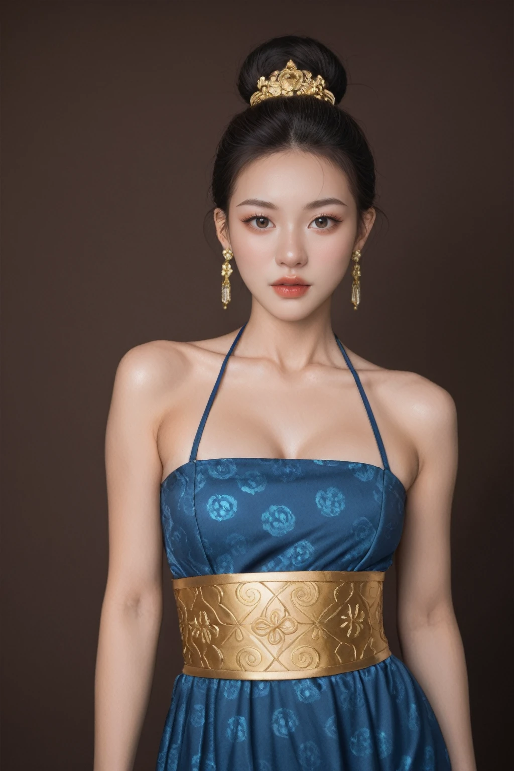 realistic,score_9, score_8_up, score_7_up, BREAK,
Hyperrealistic photograph,The image now captures a woman with a deep, dark complexion, striking a seductive pose in traditional Chinese attire. Her hair is styled in a classic bun, adorned with golden hair accessories and earrings. She wears a blue dress with intricate golden patterns, complemented by a yellow belt around her waist. The lighting is dim, suggesting an indoor setting, which adds a mysterious and intimate atmosphere to the scene. Her large, expressive eyes are captivating, and her pose exudes confidence and allure. The dim lighting accentuates her dark skin tone and the rich details of her traditional costume, creating a striking contrast with the blue and gold. The golden patterns on her dress could represent specific symbols or motifs related to her status or the event's theme. The yellow belt adds a touch of elegance and serves as a striking contrast to the blue and gold. Her confident gaze towards the camera conveys a sense of pride and a message she wishes to convey. The brown background serves to highlight the woman's figure and the rich details of her traditional costume, adding depth and texture to the image.