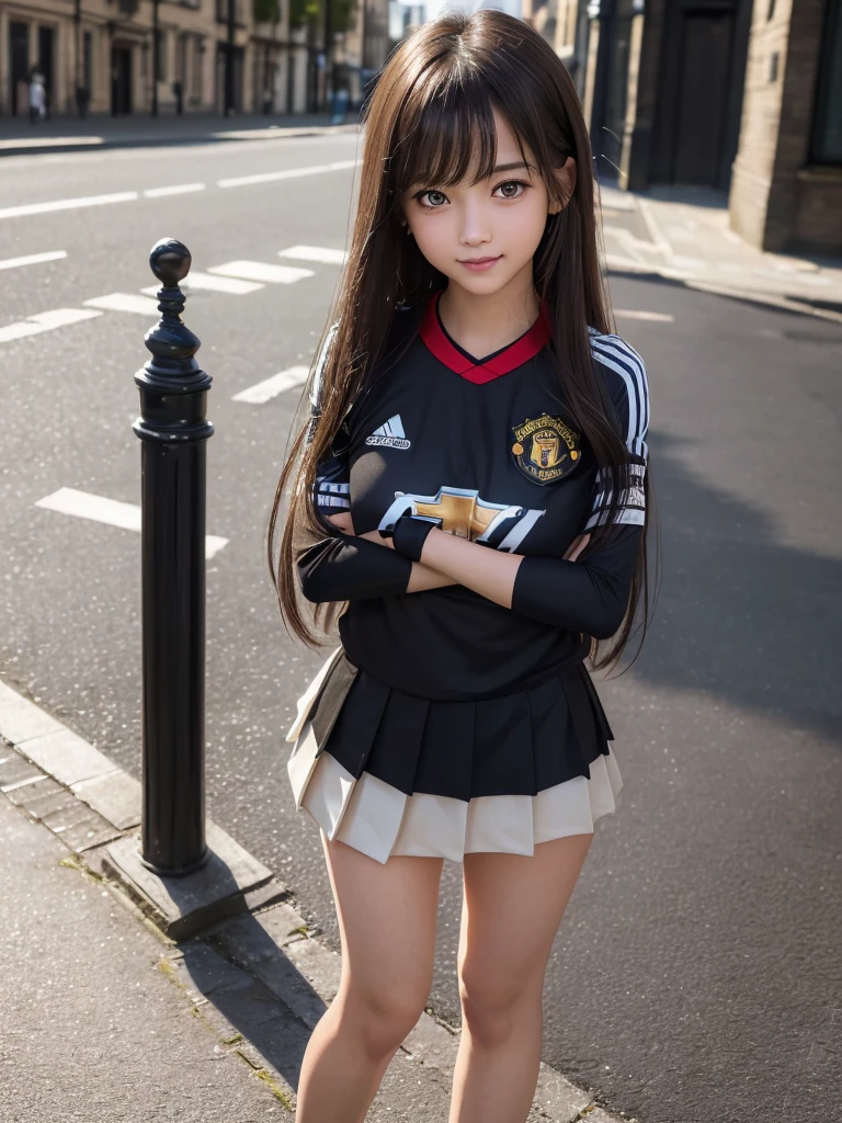 (8K, RAW Photos, Highest quality, masterpiece:1.2), (Realistic, photo-Realistic:1.4), (Highly detailed 8K wallpapers), ((Full Body Shot)), (1 girl), Sharp focus, Depth of written boundary, Cinematic lighting, Soft Light, 緻密な美しさのeye, eye_Chan, Very beautiful 17 year old girl, innocent big eyes, Realistic, photo Realistic, Highly detailed cute girl, (Thin thighs), (Model Body Type), (((manchester united soccer jersey))), ((Micro Mini Pleated Skirt)), (((Fold your arms in front of your chest and act arrogantly))), ((A happy smile)), Parted lips, Watching the audience, (On the streets of Britain) , (Brown Hair),（Long Bob Hair), (Asymmetrical bangs)