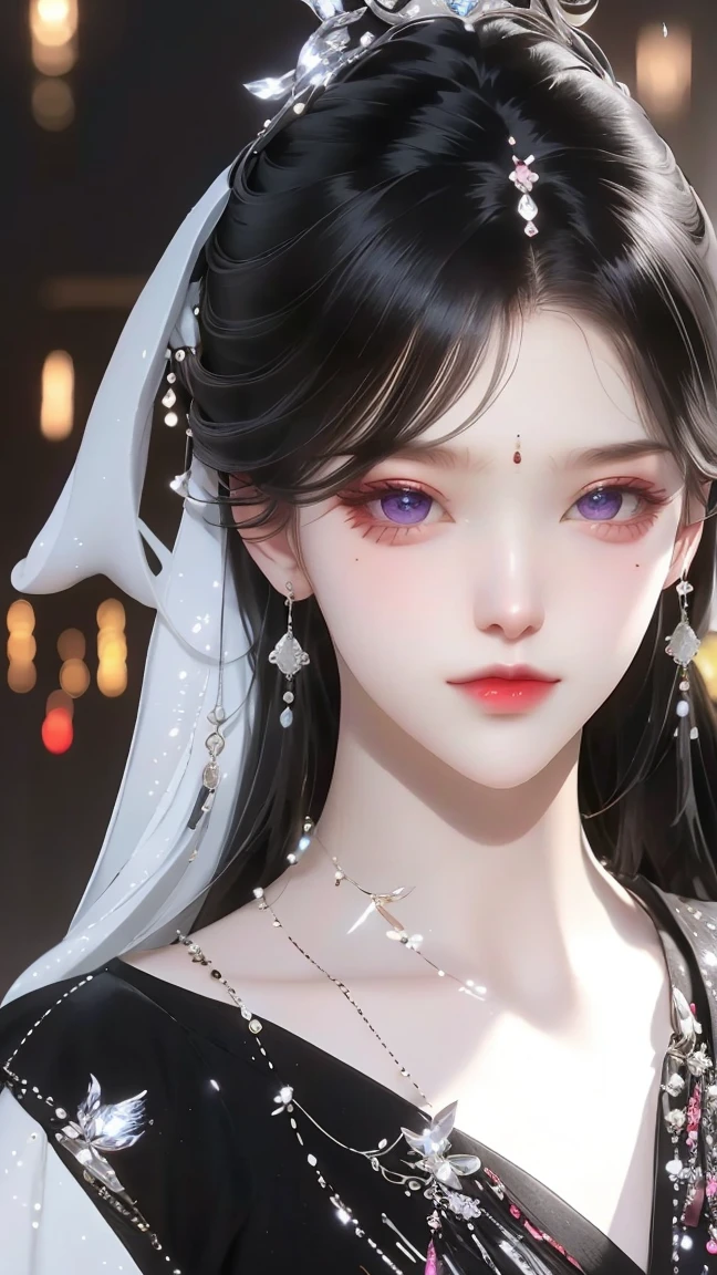 (best quality,masterpiece:1.2),Ultra-high resolution,Realistically,Front lighting,Intricate details,Exquisite details and textures,(1 girl),Solitary,Upper Body,Purple Hanfu,好漂亮的big eyes,Purple dress,Petal decoration,Pretty Face,Facing the audience,Ribbon,gossamer,(young),Facial highlights,Detailed production,Tear mole,White skin,Silver Hair,High Ponytail,Looking at the audience,big eyes,(Hollow pattern),Ear nipple rings,fit,White background,Right hand,Professional lighting,Photon Mapping,Radio City,Physically Based Rendering