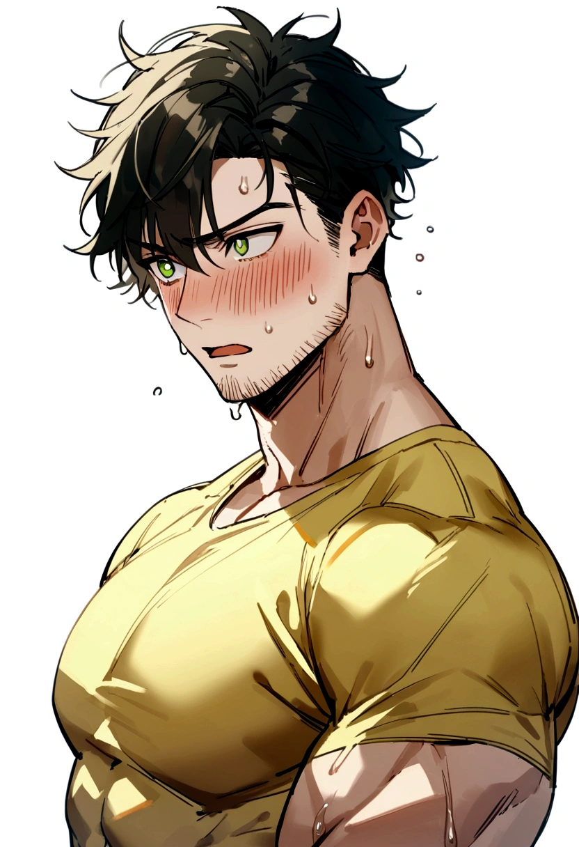 1muscular sportsman, male focus, Yellow and black tight T-shirt, muscular male, muscular, only, Upper body, alone, look to the side, short hair, stubble, black hair, green eyes, White background, simple background, amazing quality, best aesthetics, Ridiculous, short hair, bright pupils, open lips, Sweat, Awkward, blush, best quality