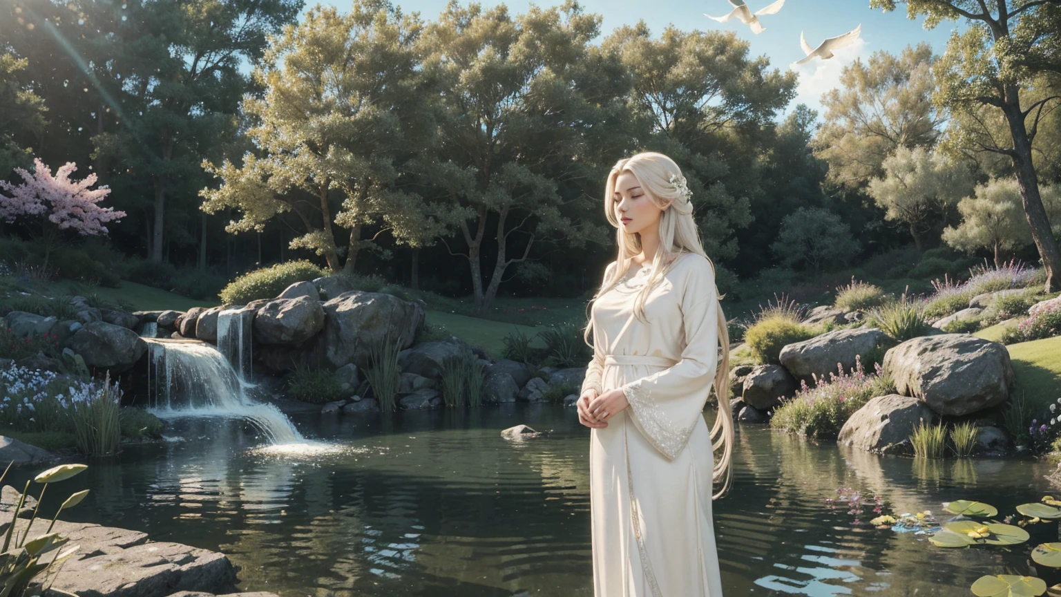 A stunning 29-year-old woman with long, flowing white hair and European features stands with a serene and peaceful expression. She has magnificent, angelic wings and is surrounded by white doves in a tranquil garden. She is dressed in elegant white clothes and is in a praying posture. The scene is ethereal and heavenly, with intricate details and photorealistic quality. The setting includes lush greenery, blooming flowers, a calming pond, and warm sunlight casting a soft, natural light over the idyllic landscape. The image is high-resolution (4k, 8k) with vibrant colors and dramatic lighting, capturing the serene atmosphere of this peaceful garden. The woman's beauty and the serene environment create a harmonious and tranquil scene,(best quality, 4k, 8k, highres, masterpiece:1.2), ultra-detailed, (realistic, photorealistic, photo-realistic:1.37), landscape, vibrant colors, soft lighting, natural lighting, serene, tranquil, ethereal, heavenly, lush greenery, blooming flowers, calming pond, beautiful scenery, natural environment, idyllic setting