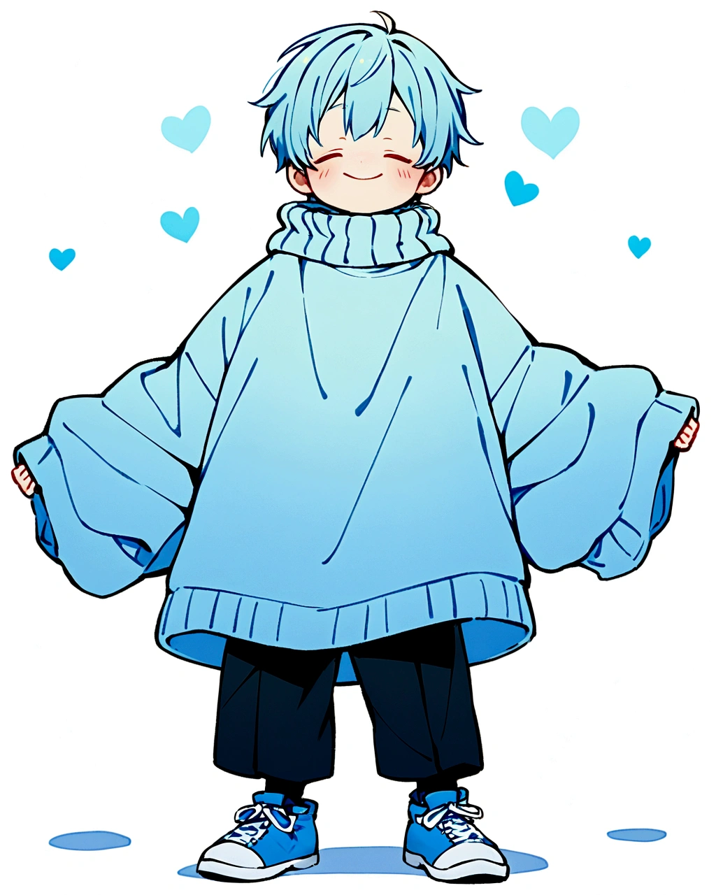 Create an illustration of a solo boy's character standing in a relaxed pose against a solid white background. The character should wear oversized clothes: a blue sweater paired with black pants. They should have blue shoes, and their expression should convey a sense of calm or contentment.