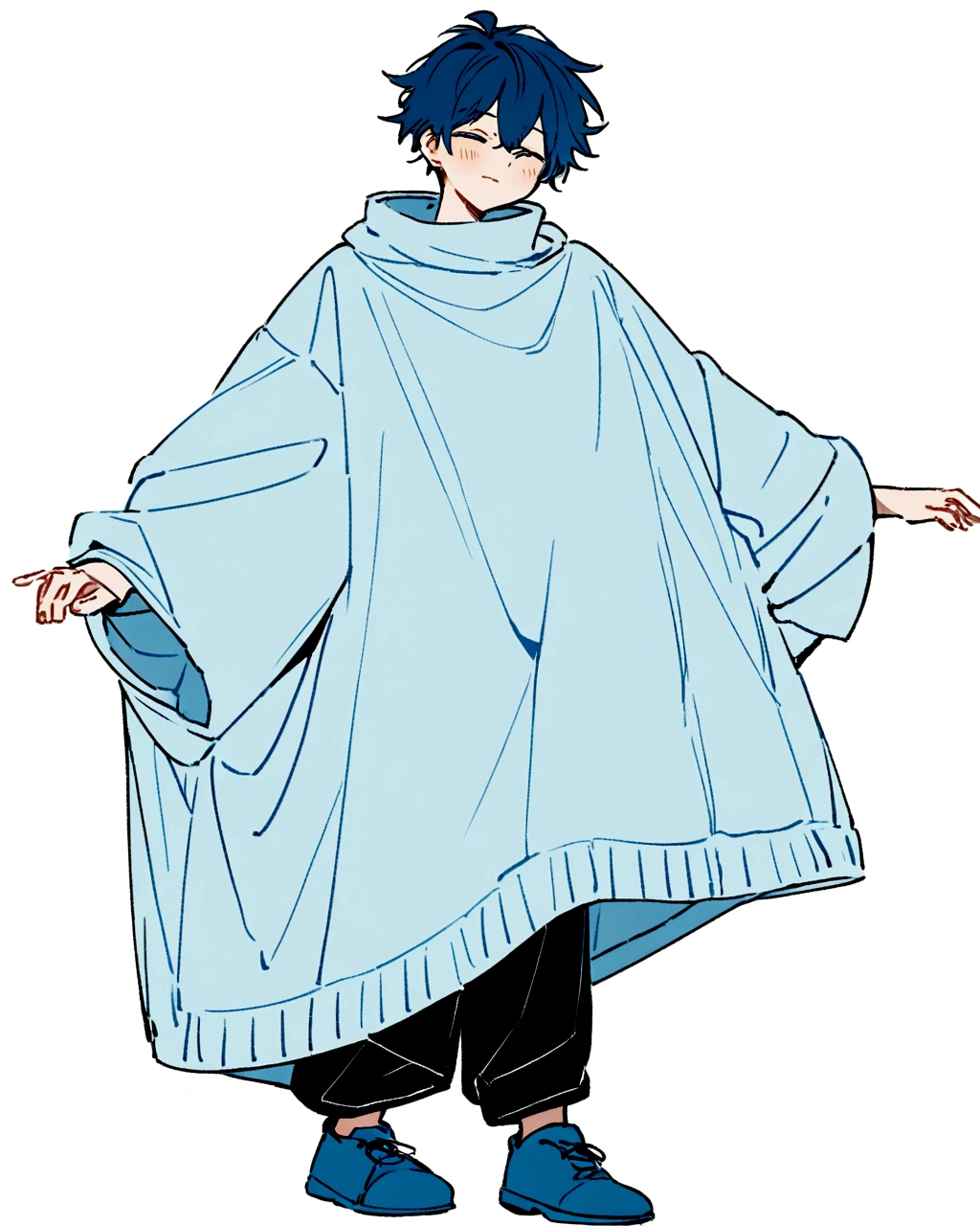 Create an illustration of a solo boy's character standing in a relaxed pose against a solid white background. The character should wear oversized clothes: a blue sweater paired with black pants. They should have blue shoes, and their expression should convey a sense of calm or contentment.