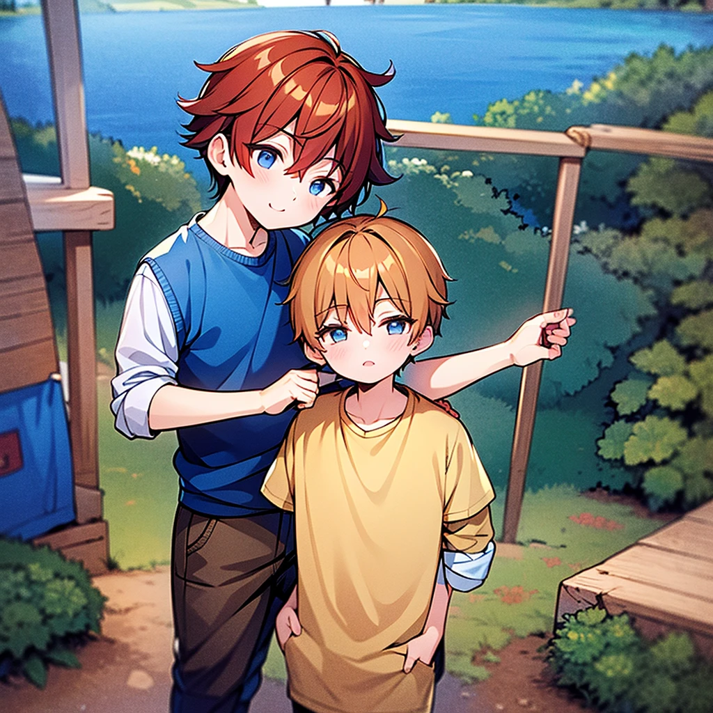 (masterpiece, best quality), intricate details, 1boys,brown hair, red left eye right blue eyes, light orange hair, drak red hair tips,
small breasts, Nasty ,lust,Close mouth, wear blue shirt, Blue jacket with trousers tied, dark blue and white sweater, park background