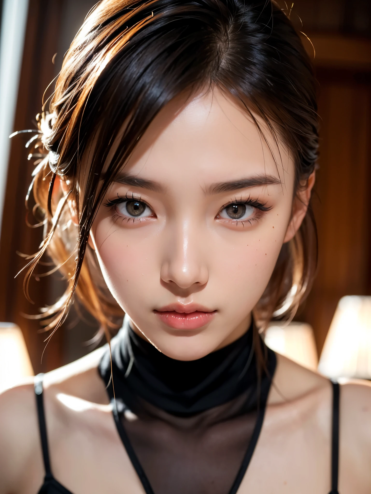 Slender Asian girl, kpop idol, ((latex), ((slave)), humiliation((top quality, 8k, masterpiece: 1.3)), crisp focus: 1.2, beautiful woman with perfect figure: 1.4, highly detailed face and skin texture, detailed eyes, ((skinny)), beautiful face, symmetrical face, full-length, sexy, almost naked