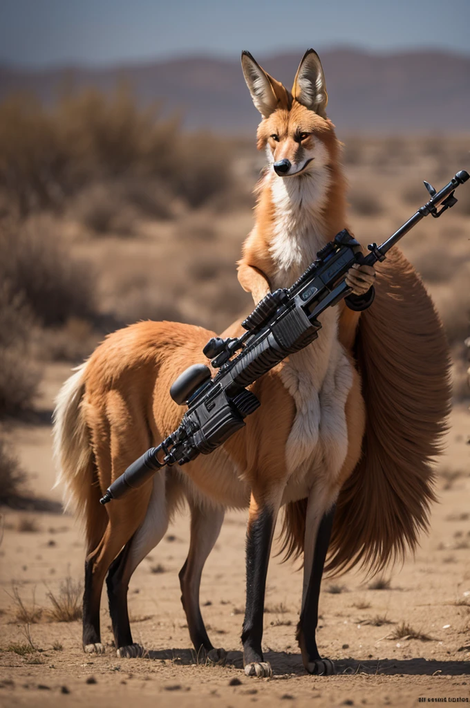 Maned wolf armed with rifle