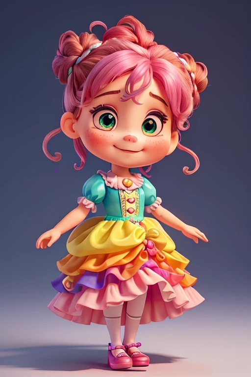 She is a charming little clown, with a dress that looks like a moving rainbow. The dress is made of light and colorful fabrics, with layers of ruffles that create a floating effect when she moves. Colors include bright shades of pink, cerulean, yellow and green, all combined harmoniously.
Her hair is curly and tied into two high buns., each adorned with multicolored ribbons that match her dress. She has a face painted with soft, shiny makeup: big expressive blue eyes, rosy cheeks and a warm smile that lights up your face. Delicate freckles are scattered across the nose and cheeks.
She holds a heart-shaped balloon, which glows with vivid colors and is tied to a small weight with a ribbon. Your shoes are a work of art in themselves: beautiful and colorful, with extravagant bows and curved tips reminiscent of traditional clowns, but with a feminine and elegant touch.
The little clown transmits joy and happiness wherever he goes, radiating contagious energy with its vibrant and enchanting look.