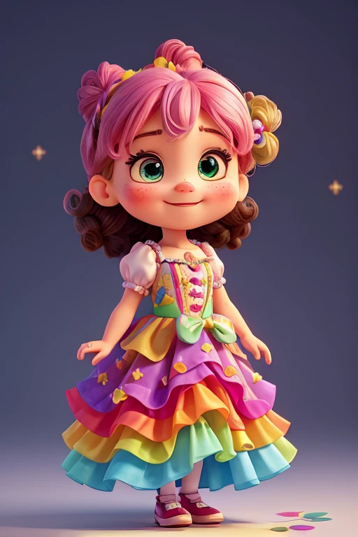 She is a charming little clown, with a dress that looks like a moving rainbow. The dress is made of light and colorful fabrics, with layers of ruffles that create a floating effect when she moves. Colors include bright shades of pink, cerulean, yellow and green, all combined harmoniously.
Her hair is curly and tied into two high buns., each adorned with multicolored ribbons that match her dress. She has a face painted with soft, shiny makeup: big expressive blue eyes, rosy cheeks and a warm smile that lights up your face. Delicate freckles are scattered across the nose and cheeks.
She holds a heart-shaped balloon, which glows with vivid colors and is tied to a small weight with a ribbon. Your shoes are a work of art in themselves: beautiful and colorful, with extravagant bows and curved tips reminiscent of traditional clowns, but with a feminine and elegant touch.
The little clown transmits joy and happiness wherever he goes, radiating contagious energy with its vibrant and enchanting look.