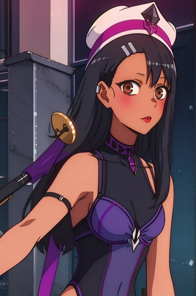 A gothic girl, with black clothes, dark hair with purple glitter, accessories on her head, two silver bras, a brooch in her right ear, light brown eyes, red lips, and dark skin.