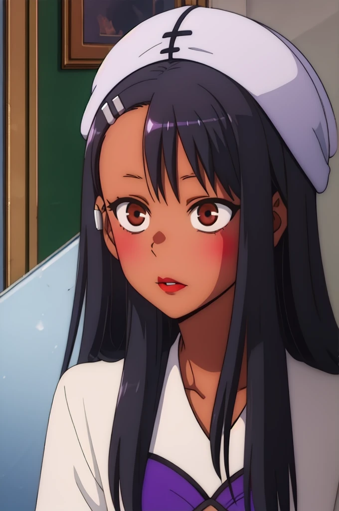 A gothic girl, with black clothes, dark hair with purple glitter, accessories on her head, two silver bras, a brooch in her right ear, light brown eyes, red lips, and dark skin.