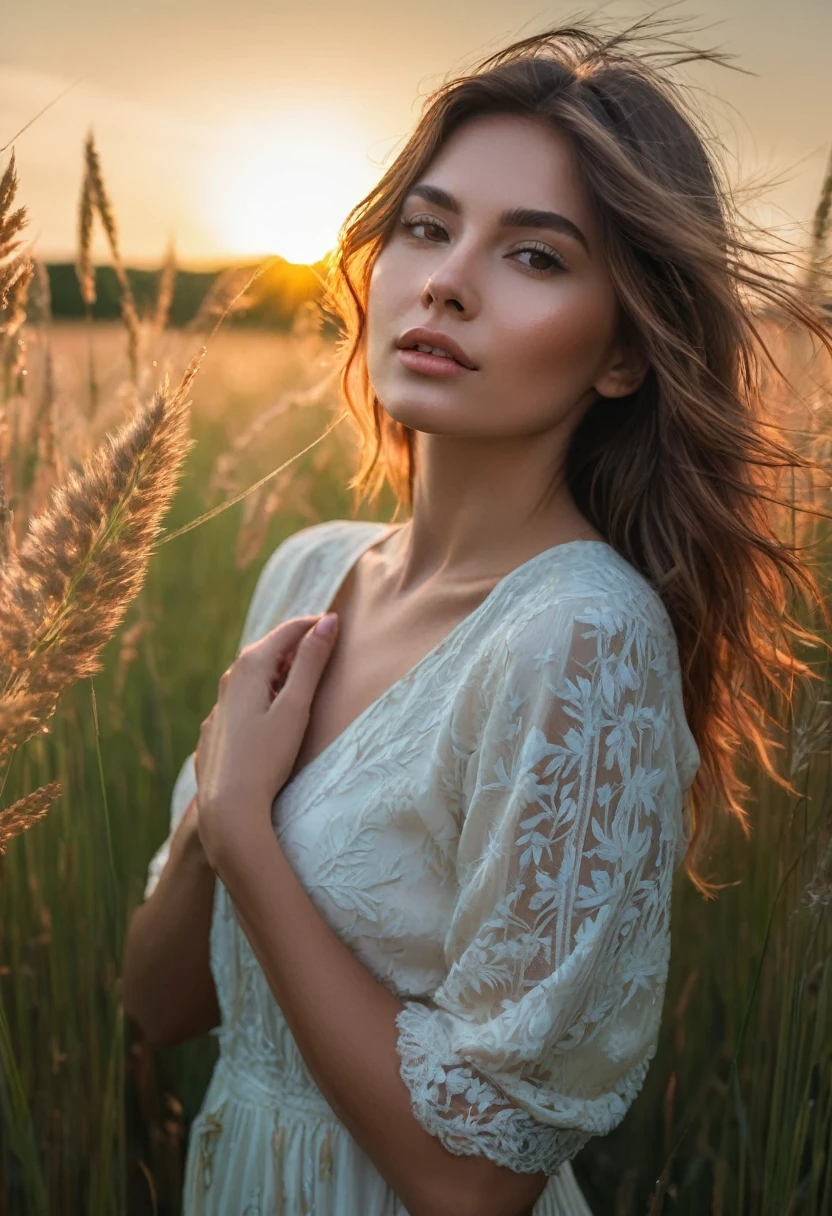 a woman standing in a field of tall grass with the sun setting, gorgeous woman, cinematic beautiful natural skin, attractive woman, attractive girl, photo of a beautiful woman, gorgeous attractive face, extremely beautiful face, in a field, beautiful female model, portrait of a beautiful model, soft portrait shot 8 k, beautiful delicate face, a beautiful young woman, attractive beautiful face