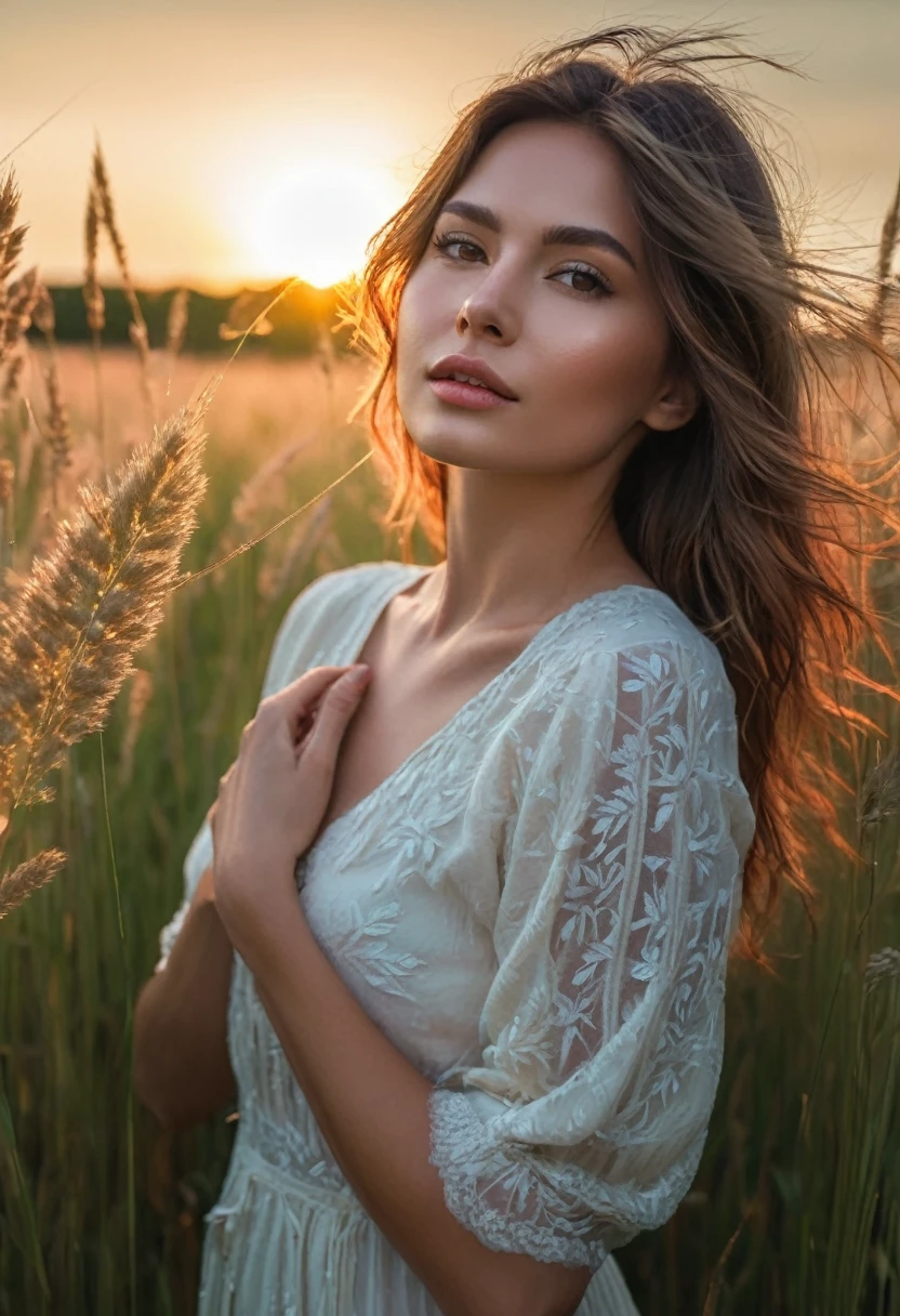 a woman standing in a field of tall grass with the sun setting, gorgeous woman, cinematic beautiful natural skin, attractive woman, attractive girl, photo of a beautiful woman, gorgeous attractive face, extremely beautiful face, in a field, beautiful female model, portrait of a beautiful model, soft portrait shot 8 k, beautiful delicate face, a beautiful young woman, attractive beautiful face
