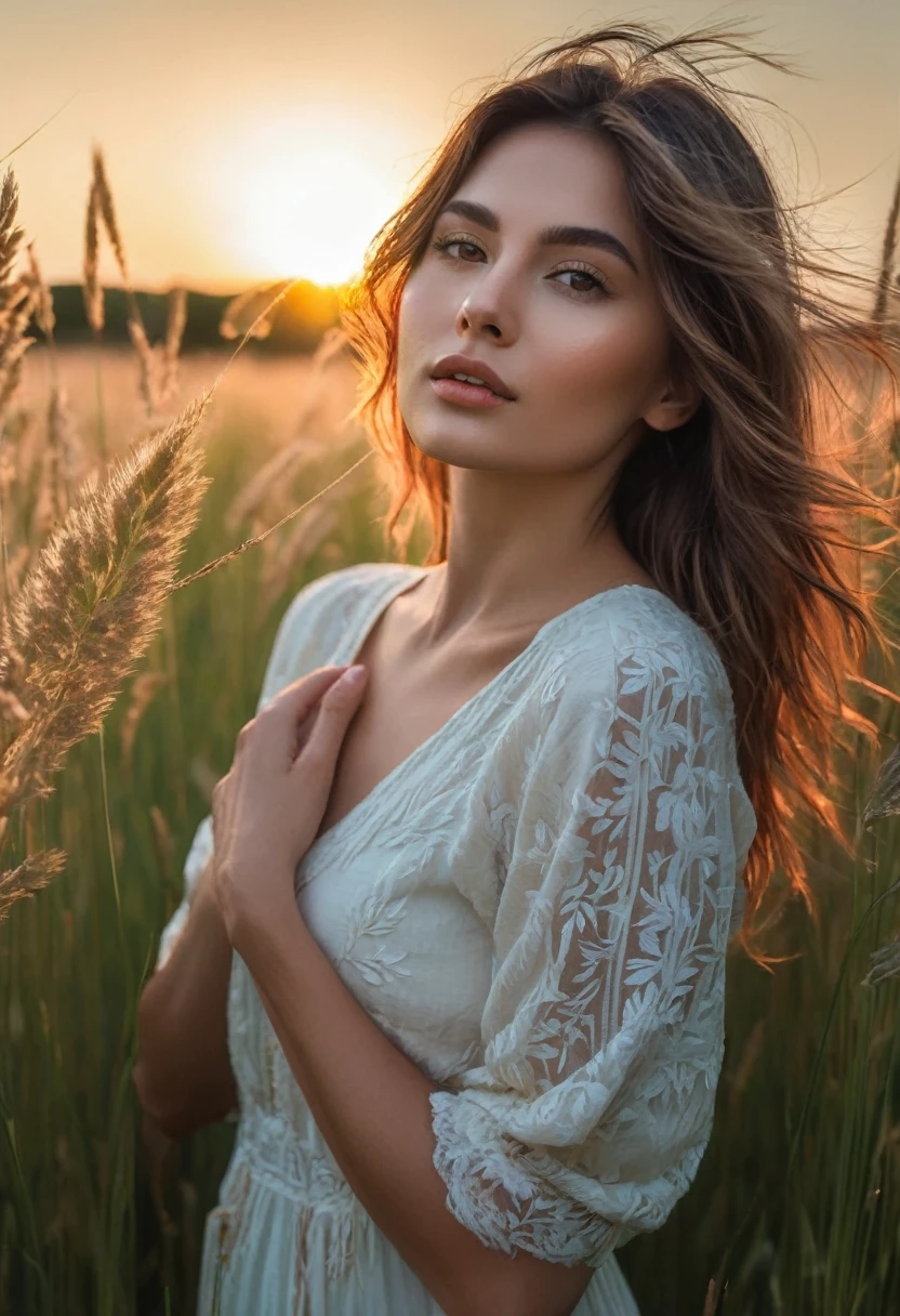 a woman standing in a field of tall grass with the sun setting, gorgeous woman, cinematic beautiful natural skin, attractive woman, attractive girl, photo of a beautiful woman, gorgeous attractive face, extremely beautiful face, in a field, beautiful female model, portrait of a beautiful model, soft portrait shot 8 k, beautiful delicate face, a beautiful young woman, attractive beautiful face