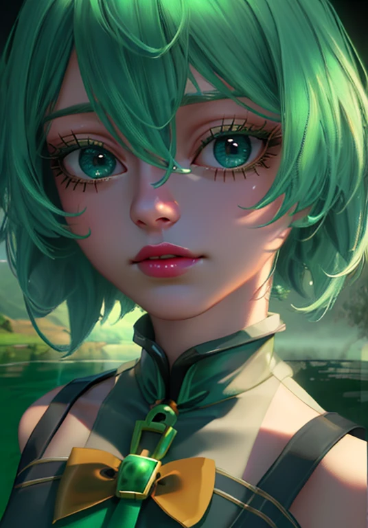 A beautiful girl with long hair, big eyes, wearing an elegant dress, standing in front of a lush green mountain landscape with a serene lake, (best quality,4k,8k,highres,masterpiece:1.2),ultra-detailed,(realistic,photorealistic,photo-realistic:1.37),extremely detailed face and eyes,long eyelashes,beautiful detailed eyes,beautiful detailed lips,green mountains,green water,intricate dress,dramatic lighting,cinematic,high fashion,elegant,serene