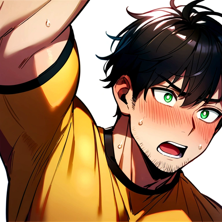 1muscular sportsman, male focus, Yellow and black tight T-shirt, muscular male, muscular, only, Upper body, alone, look to the side, short hair, stubble, black hair, green eyes, White background, simple background, amazing quality, best aesthetics, Ridiculous, short hair, bright pupils, open lips, Sweat, Awkward, blush, best quality