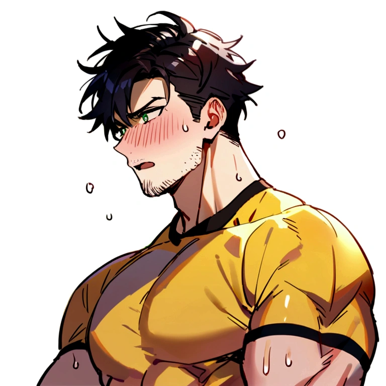 1muscular sportsman, male focus, Yellow and black tight T-shirt, muscular male, muscular, only, Upper body, alone, look to the side, short hair, stubble, black hair, green eyes, White background, simple background, amazing quality, best aesthetics, Ridiculous, short hair, bright pupils, open lips, Sweat, Awkward, blush, best quality