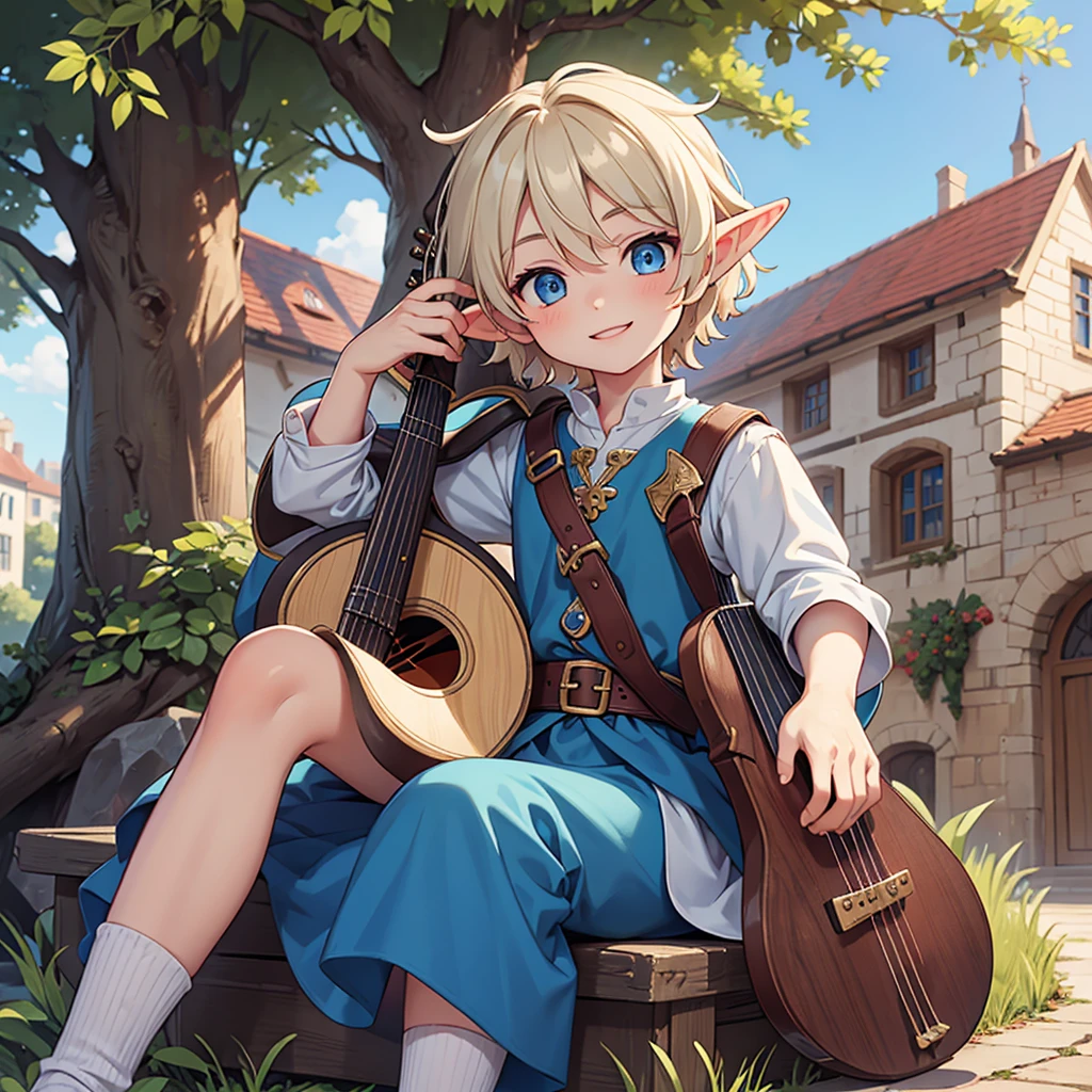 Beautiful, high quality, a 11 years old elf boy, twink body, blue eyes, cute face, messy hair, smiling, wearing a medieval boy style clothes, playing a lute, sit under the tree in a medieval city