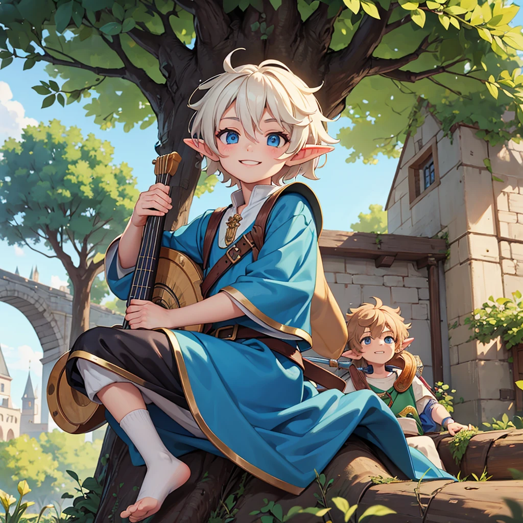 Beautiful, high quality, a 11 years old elf boy, twink body, blue eyes, cute face, messy hair, smiling, wearing a medieval boy style clothes, playing a lute, sit under the tree in a medieval city