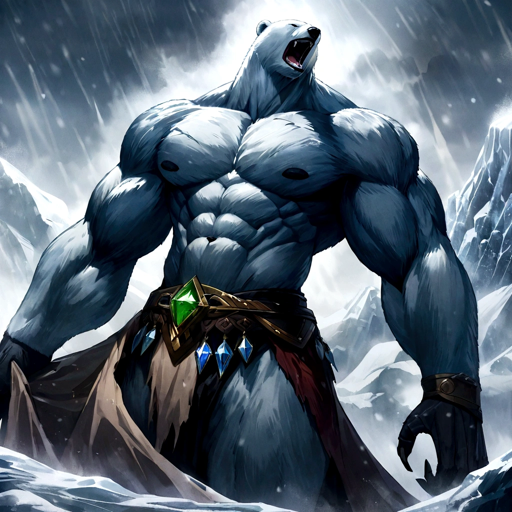 (masterpiece, 4k ,ultra detailed:1.2),(fantasy:1.2),illustration,(realistic:1),(photorealistic:1),
(Volibear, the champion from League of Legends:1.6),Full Body, Perfect Muscular Body,
(white hair,very long fur:1.6),(roaring with open mouth:1.3),(white bear with blue eyes and a glowing light on its face:1.4),
(musculous body,blue rays coming out of eyes,rays surrounding around,giant bear:1.3),
(forest, night, lighted mushrooms, fireflies Lantern:1.2),