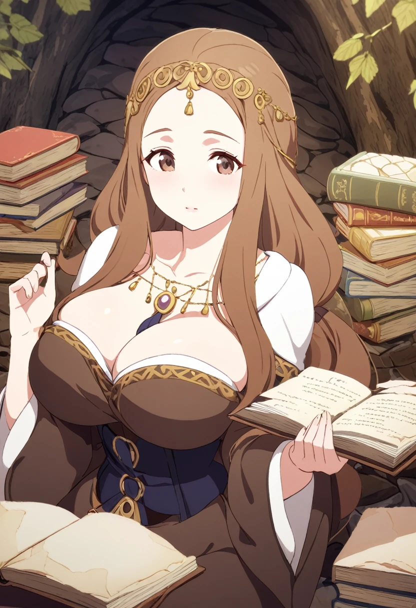 young woman, Ancient Russia, princess, the body is very curvy, book between breasts, cellar, birch forest, long brown hair,
