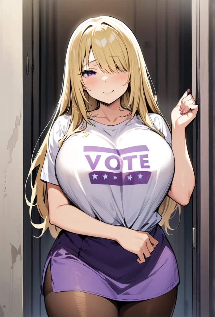 ((Best Quality)), ((Masterpiece)), (detailed), 1 girl, Pastel yellow hair, long hair, hair covers one eye, purple eyes, big breasts, big thighs, expression smiling shy, white vote t-shirt, purple skirt, brown pantyhose